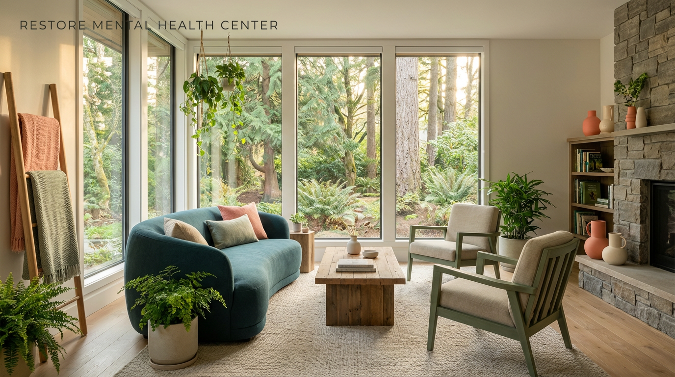 Peaceful therapy room with nature view